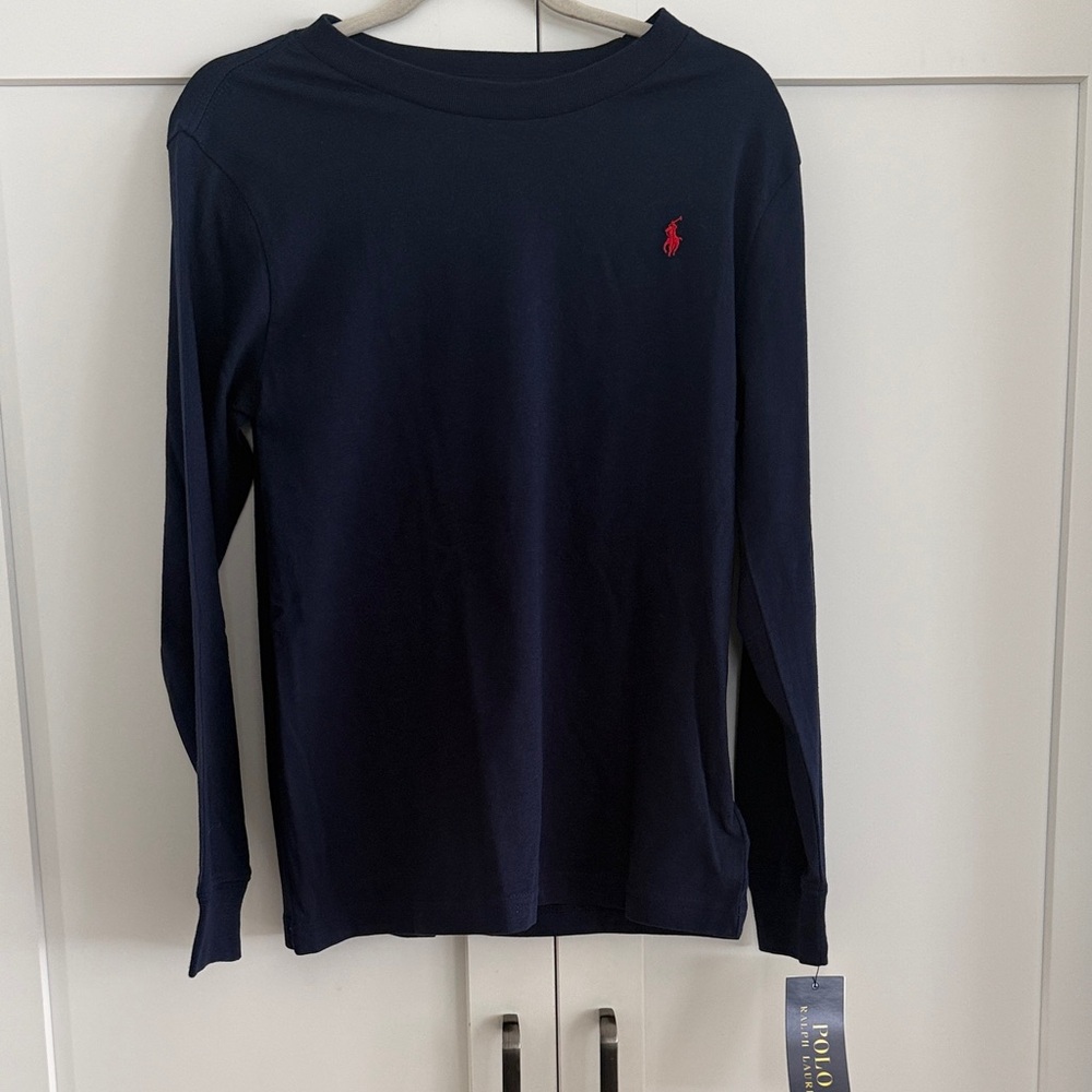 Ralph Lauren Navy Long Sleeve Tee with Red Pony Logo